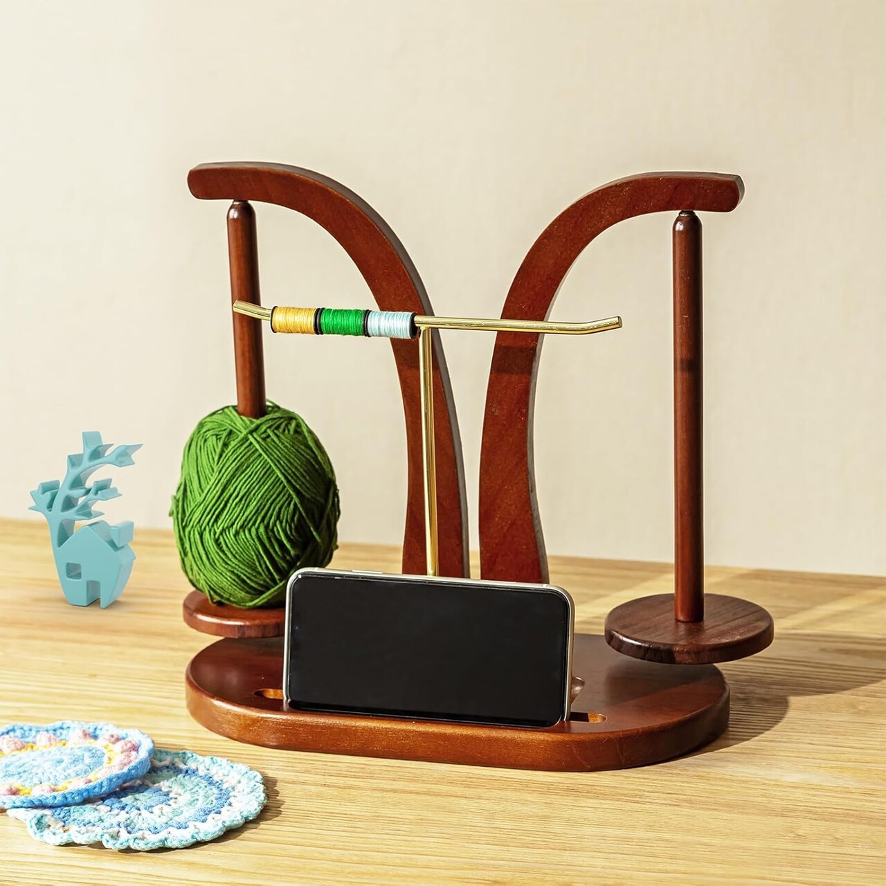 Yarn Holder Magnetic, Wooden Yarn Ball Holder with T-Shaped Holder & Phone Stand